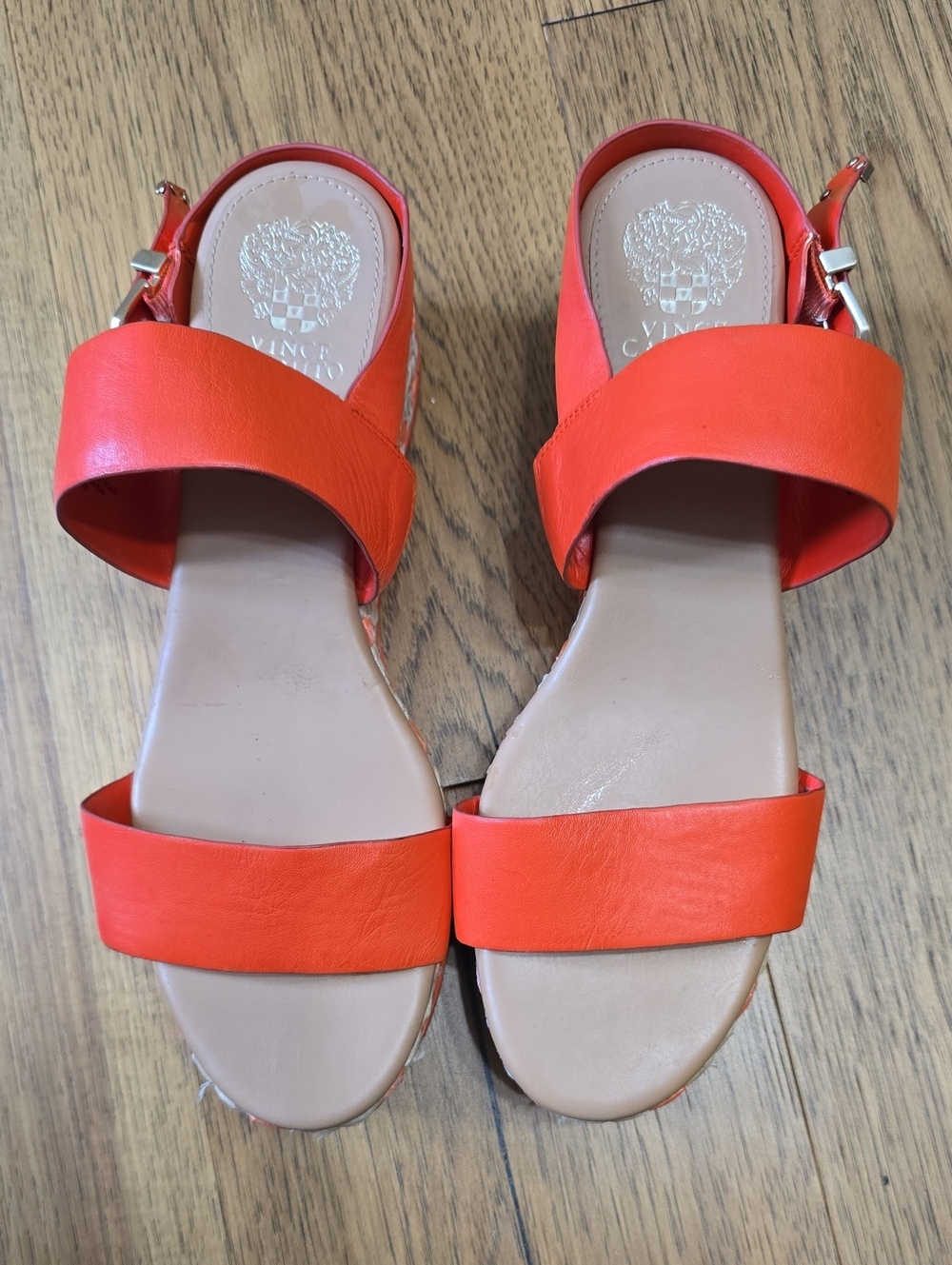 Vince Camuto  Bright Orange Double-Strap Leather Wedge Sandals
